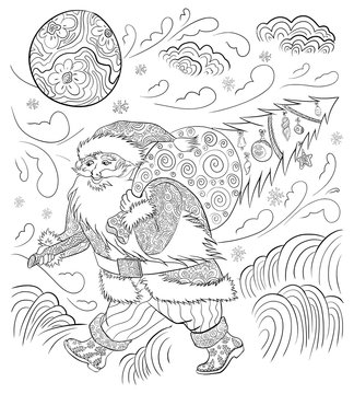 Santa Claus with a Christmas tree and a bag of gifts in a doodle style. In the sky the moon and clouds, wind, flying snowflakes. On the ground lay the snow drifts. Adult coloring book.