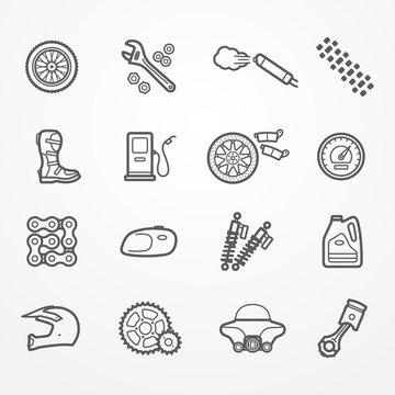 Collection of motorcycle parts icons in line style. Spare parts, tools and rider gear. Motorcycle store or service vector stock image.