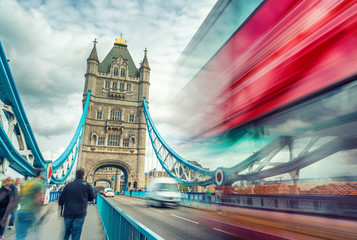 Blurred traffic under Tower Bridge, London