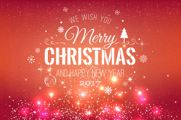 Christmas And New Year Typographical on Pink Xmas background with snowflakes, light, stars. Vector Illustration. Xmas card