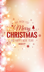 Christmas And New Year Typographical on Pink Xmas background with snowflakes, light, stars. Vector Illustration. Xmas card