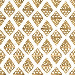 Hand drawn seamless pattern tribal ethnic ornament, abstract geometric white background, gold rhombus illustration.