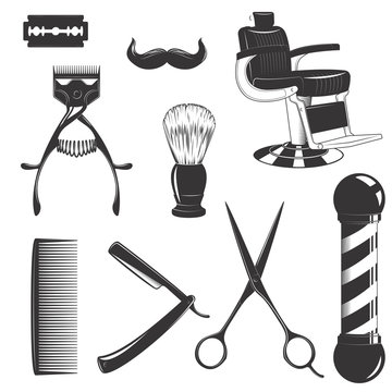 Vintage retro barbershop set with cutting equipment consists of blade, hair clipper, scissors, shaving brush swab, comb, straight razor, mustache and barber chair isolated on white background
