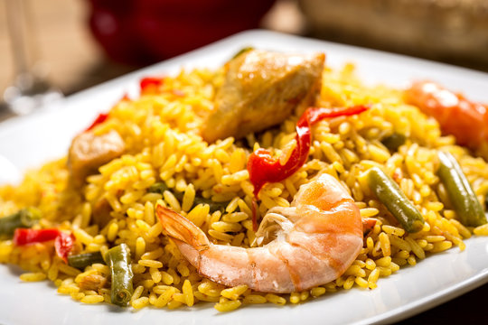 typical Spanish paella and shrimp