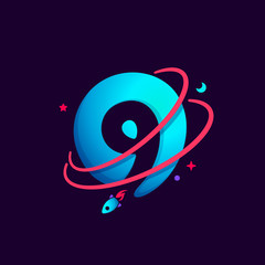 Number nine logo with planet, rocket and orbits lines. 9 icon.