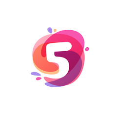 Number five logo at colorful watercolor splash background. icon.