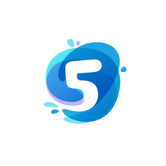Number five logo at blue water splash background. 5 icon.