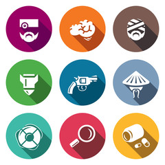 Vector Set of Military Rehabilitation Icons. Health, Mind, Contusion, War, Suicide, Vietnam, Salvation, Diagnosis, Treatment.