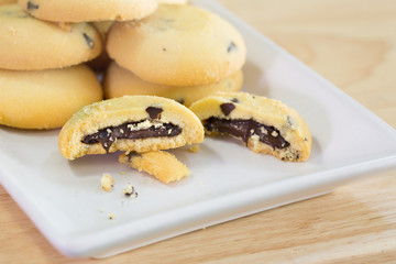 Chocolate lava cookies on chopping wood