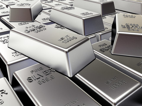 Rows of silver bars. Business and financial background. 3D illustration