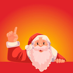 Santa Claus pointing up to a text above, cartoon style vector illustration on red background. Half length portrait of Santa drawing attention to text above and pointing up
