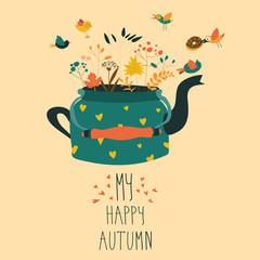 Cute teapot with autumn herbs and birds