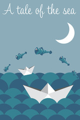 Mare e barca di carta con pesci, fiaba, racconto