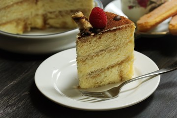 Slice of Tiramisu cake, selective focus