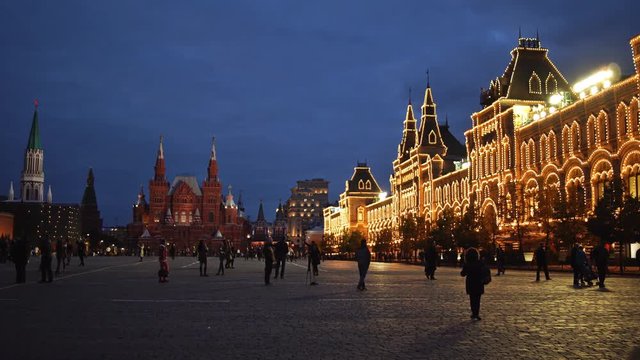 Red square, The GUM store and The State Historical Museum in the evening. UHD - 4K. September 28, 2016. Moscow, Russia.