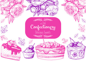 Vector design with ink hand drawn cake, pie ice cream and wafers. Vintage template for bakery menu or sweet home shop. Background with dessert sketch. Vector illustration in retro Linear style.