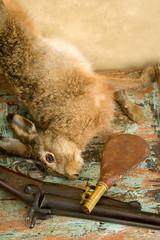 Hunting scene with hare and rifle