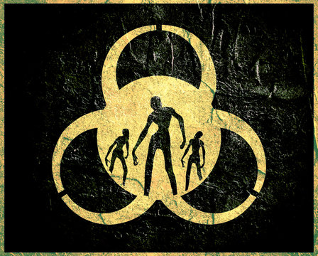 Biohazard sign and zombie silhouettes on them. Halloween theme background. Concrete texture