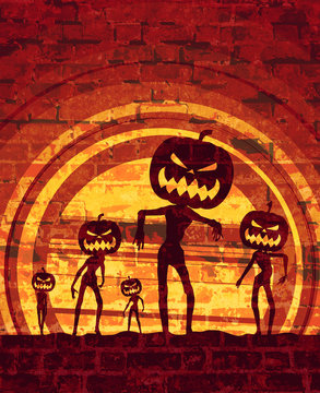 Halloween holiday background. Zombie silhouettes with pumpkins head. Brick wall texture