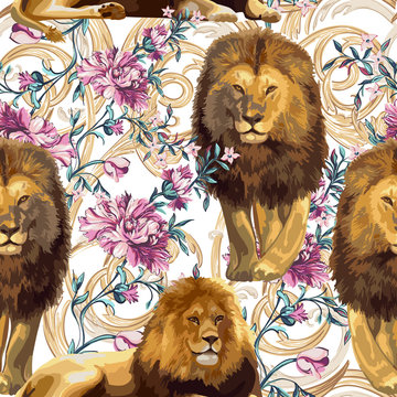 Lions and barique floral elements.