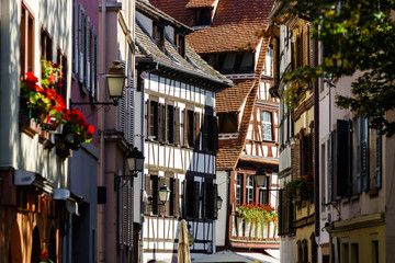 Sunny day on the street of old center, Strasbourg