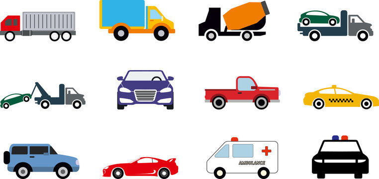 Set of cars, vehicles, automobiles, auto, trucks, machines in colored vector