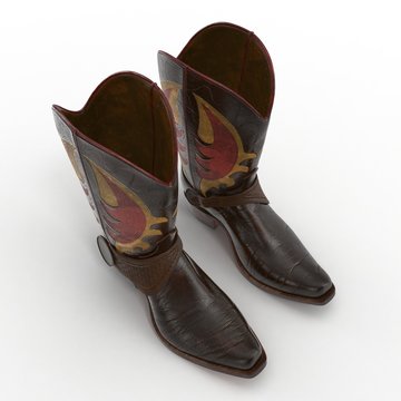 Brown Cowboy Boots with ornamental stitching on white. 3D illustration