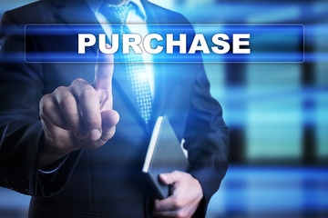 Businessman is pressing button on touch screen interface and selecting "Purchase". Business concept.