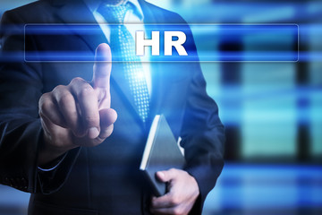 Businessman is pressing button on touch screen interface and selecting 