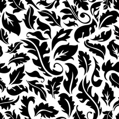 Seamless pattern with black leaves on a white background