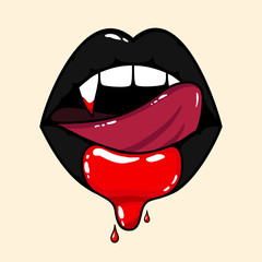 Vampire woman mouth with blood. Tongue licking black lips. Halloween vector illustration