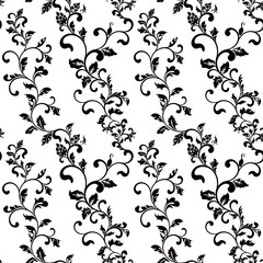 Classic seamless pattern. Tracery of twisted stalks with decorative leaves on a white background. Vintage style