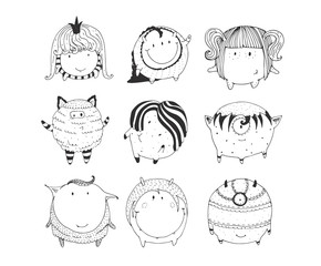 Cute monochrome collection with hand drawn doodle sphere monsters, isolated on white background. Lovely characters staying and watching. Black and white vector childish illustration.