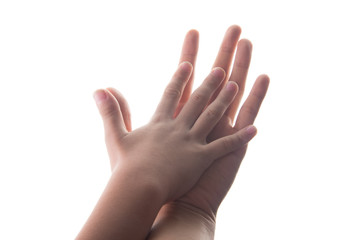 Hand of mom and son touching each other