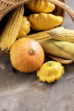 Pumpkin and corn with basket