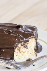 Chocolate cream on the cake with fork