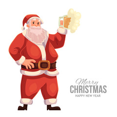 Cartoon style Santa Claus raising a beer glass, Christmas vector greeting card. Full length portrait of Santa with a glass of beer, greeting card template for Christmas eve