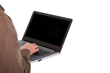 Businessman hand hold and working with laptop or notebook computer isolated on white background as Communication and technology concept.