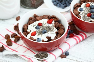 Breakfast chocolate cereal cornflakes & yogurt & chia seeds