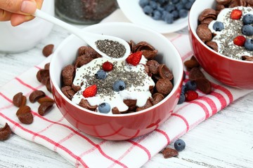 Breakfast chocolate cereal cornflakes & yogurt & chia seeds