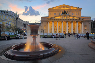 Evening view of Bolshoi Theater and Fountain in Moscow, Russia