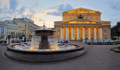 Evening view of Bolshoi Theater and Fountain in Moscow, Russia
