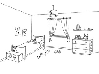 Kid room graphic interior art black white sketch illustration vector