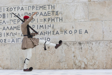 The Changing of the Guard ceremony takes place in front of the Greek Parliament Building 