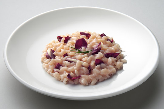 Dish of risotto with red radicchio