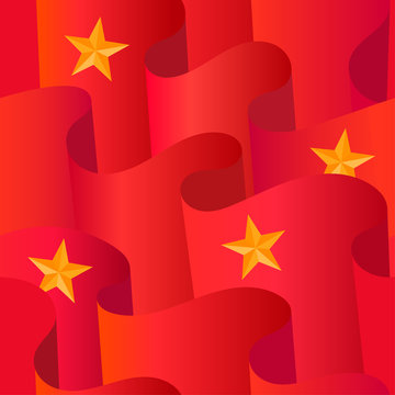 Seamless pattern of red flags and gold stars. The concept of revolution, socialism and communism.