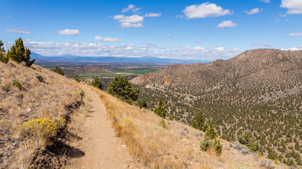 Beautiful landscape. Brown rock slopes are covered with pine trees. The path goes along the tops of the hills. Dry yellow grass grows on the slopes of the mountains. Smith Rock state park, Oregon