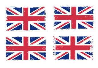 Vintage Union Jack, Great Britain grunge flag set isolated on white background, vector illustration.
