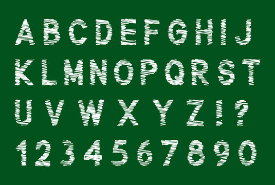 Chalk handwritten font set with numbers, white isolated on green background, vector illustration.