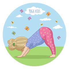 Girl performing yoga. Adho Mukha shvanasana.